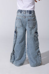 Girl's Cargo Jeans Pants With An Elastic Waistband And Modern Side Pockets