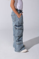 Girl's Cargo Jeans Pants With An Elastic Waistband And Modern Side Pockets