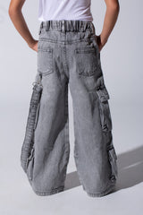 Girl's Cargo Jeans Pants With An Elastic Waistband And Modern Side Pockets