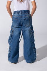 Girl's Cargo Jeans Pants With An Elastic Waistband And Modern Side Pockets