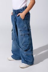 Girl's Cargo Jeans Pants With An Elastic Waistband And Modern Side Pockets