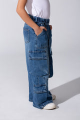 Girl's Cargo Jeans Pants With An Elastic Waistband And Modern Side Pockets