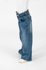 Girl's Wide Leg Jeans Pants With A Modern Side Zipper Pocket