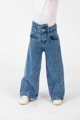 Girl's Wide Leg Jeans Pants With A Modern Side Zipper Pocket