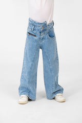 Girl's Wide Leg Jeans Pants With A Modern Side Zipper Pocket