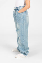Girl's Wide Leg Cutting Jeans Pants with Modern Front Buttons
