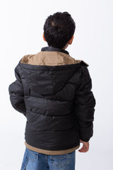Boy’s Hooded Quilted Puffer Waterproof Jacket with Contrast Panels & Front Zip Closure and Zipped Side Pockets