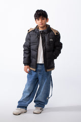 Boy’s Hooded Quilted Puffer Waterproof Jacket with Contrast Panels & Front Zip Closure and Zipped Side Pockets