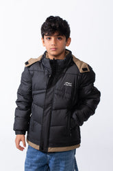 Boy’s Hooded Quilted Puffer Waterproof Jacket with Contrast Panels & Front Zip Closure and Zipped Side Pockets