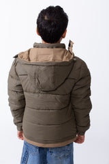 Boy’s Hooded Quilted Puffer Waterproof Jacket with Contrast Panels & Front Zip Closure and Zipped Side Pockets