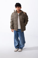 Boy’s Hooded Quilted Puffer Waterproof Jacket with Contrast Panels & Front Zip Closure and Zipped Side Pockets