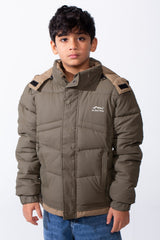 Boy’s Hooded Quilted Puffer Waterproof Jacket with Contrast Panels & Front Zip Closure and Zipped Side Pockets