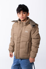 Boy’s Hooded Quilted Puffer Waterproof Jacket with Contrast Panels & Front Zip Closure and Zipped Side Pockets