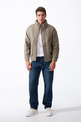 Men's High Collar Zip-Up Zipper Pockets Crinkle Texture Waterproof Fabric Thermal Modern Jacket