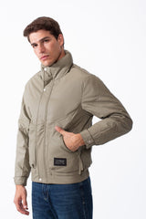 Men's High Collar Zip-Up Zipper Pockets Crinkle Texture Waterproof Fabric Thermal Modern Jacket