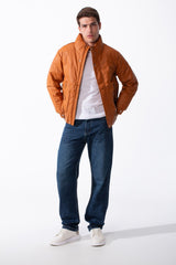 Men's High Collar Zip-Up Zipper Pockets Crinkle Texture Waterproof Fabric Thermal Modern Jacket
