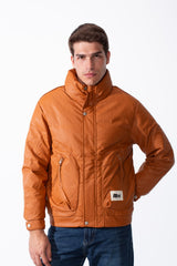 Men's High Collar Zip-Up Zipper Pockets Crinkle Texture Waterproof Fabric Thermal Modern Jacket
