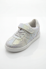 Girl's Sneakers Stunning Iridescent Glitter Textured Material Vibrant Needlework Hook And Loop Strap White Rubber Sole Shoes