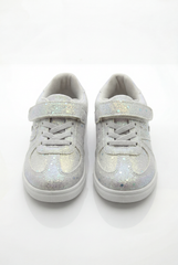 Girl's Sneakers Stunning Iridescent Glitter Textured Material Vibrant Needlework Hook And Loop Strap White Rubber Sole Shoes