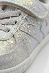 Girl's Sneakers Stunning Iridescent Glitter Textured Material Vibrant Needlework Hook And Loop Strap White Rubber Sole Shoes