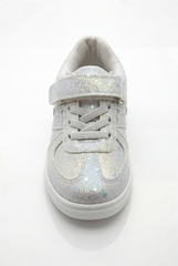 Girl's Sneakers Stunning Iridescent Glitter Textured Material Vibrant Needlework Hook And Loop Strap White Rubber Sole Shoes