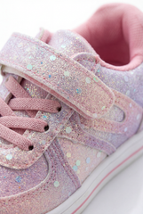 Girl's Sneakers Stunning Iridescent Glitter Textured Material Vibrant Needlework Hook And Loop Strap White Rubber Sole Shoes