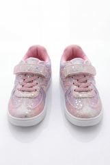 Girl's Sneakers Stunning Iridescent Glitter Textured Material Vibrant Needlework Hook And Loop Strap White Rubber Sole Shoes