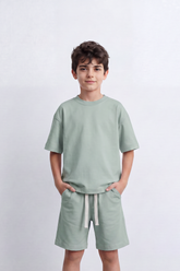 Boy's Tomato Store Summer Melton Jersey Co-Ord Set Minimal Clean Design Relaxed Silhouette Drawstring Waist Soft Finish Oversize Outfit