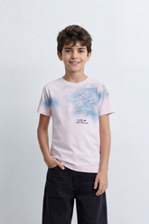 Boy's Tomato Store Cloud Sketch T-Shirt Slim Fit Summer Melton Knit Fabric Soft Airbrush Wash Effect Front Abstract Line Artwork Small Quote Print