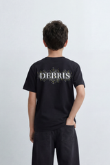 Boy's Tomato Store Debris Burst T-Shirt Made From Soft Cotton Knit Fabric Featuring Large Back Typography Print Distressed Speckle Splash Artwork