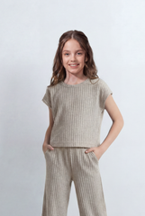 Girl's Tomato Store Ribbed Co-Ord Set Matching Top And Pants Vertical Texture Design Slim Fit Outfit