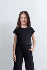 Girl's Tomato Store Ribbed Co-Ord Set Matching Top And Pants Vertical Texture Design Slim Fit Outfit