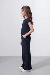 Girl's Tomato Store Ribbed Co-Ord Set Matching Top And Pants Vertical Texture Design Slim Fit Outfit