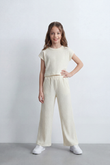 Girl's Tomato Store Ribbed Co-Ord Set Matching Top And Pants Vertical Texture Design Slim Fit Outfit