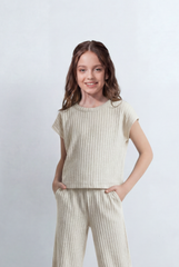 Girl's Tomato Store Ribbed Co-Ord Set Matching Top And Pants Vertical Texture Design Slim Fit Outfit