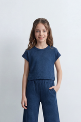 Girl's Tomato Store Ribbed Co-Ord Set Matching Top And Pants Vertical Texture Design Slim Fit Outfit