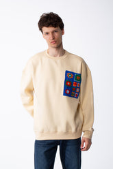 Men's Oversized Crewneck Melton Sweatshirt Handcrafted Crocheted Square Patch Classic Ribbed Trims Modern Streetwear