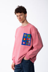 Men's Oversized Crewneck Melton Sweatshirt Handcrafted Crocheted Square Patch Classic Ribbed Trims Modern Streetwear
