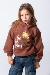 Girl's Oversized Fit With Dropped Shoulders Elasticated Cuffs Front Adorned Inspirational Typography Print Hooded Daily Wear Melton Sweatshirt
