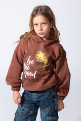 Girl's Oversized Fit With Dropped Shoulders Elasticated Cuffs Front Adorned Inspirational Typography Print Hooded Daily Wear Melton Sweatshirt