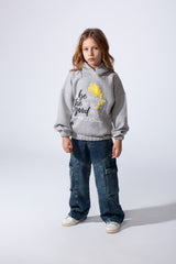 Girl's Oversized Fit With Dropped Shoulders Elasticated Cuffs Front Adorned Inspirational Typography Print Hooded Daily Wear Melton Sweatshirt
