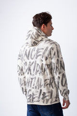 Men's Long Sleeves Kangaroo Front Pockets With All-Over Text Print For Daily Wear Hooded Casual Sweatshirt
