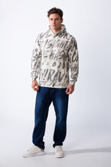 Men's Long Sleeves Kangaroo Front Pockets With All-Over Text Print For Daily Wear Hooded Casual Sweatshirt