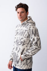 Men's Long Sleeves Kangaroo Front Pockets With All-Over Text Print For Daily Wear Hooded Casual Sweatshirt
