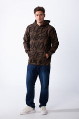Men's Long Sleeves Kangaroo Front Pockets With All-Over Text Print For Daily Wear Hooded Casual Sweatshirt