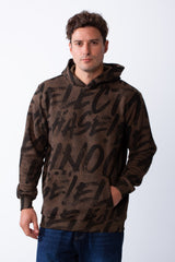 Men's Long Sleeves Kangaroo Front Pockets With All-Over Text Print For Daily Wear Hooded Casual Sweatshirt