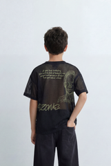 Boy’s Tomato Store Mesh Graphic T-Shirt Open Knit Construction Front And Back Artwork Oversized
