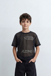 Boy’s Tomato Store Mesh Graphic T-Shirt Open Knit Construction Front And Back Artwork Oversized