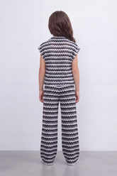 Girl's Tomato Store Zigzag Wave Co-Ord Set Allover Chevron Pattern With Raised Ripple Texture Button Front Detail Outfit
