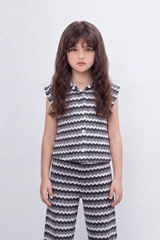 Girl's Tomato Store Zigzag Wave Co-Ord Set Allover Chevron Pattern With Raised Ripple Texture Button Front Detail Outfit
